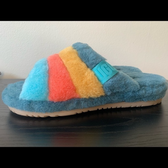 New MEN UGG FLUFF YOU MARINA BLUE MULTI STRIPES SLIPPERS NEW WITHOUT BOX # Slide - Picture 1 of 5